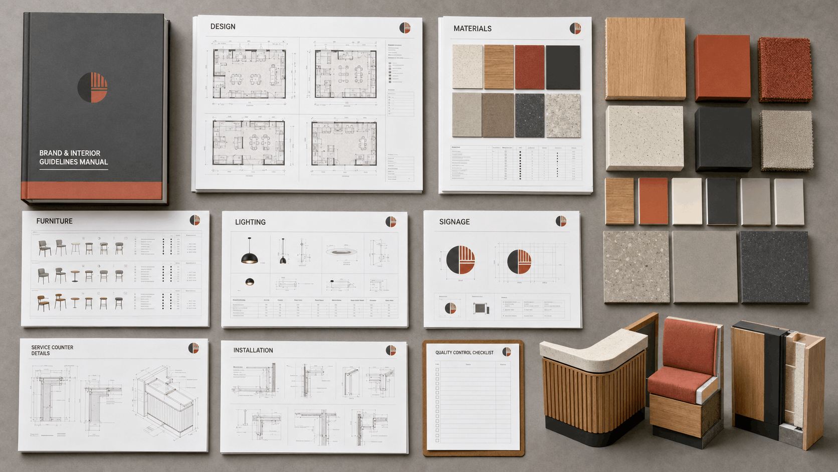 A Brand & Interior Guidelines Manual alongside design, materials, furniture, lighting, signage, and installation specification sheets